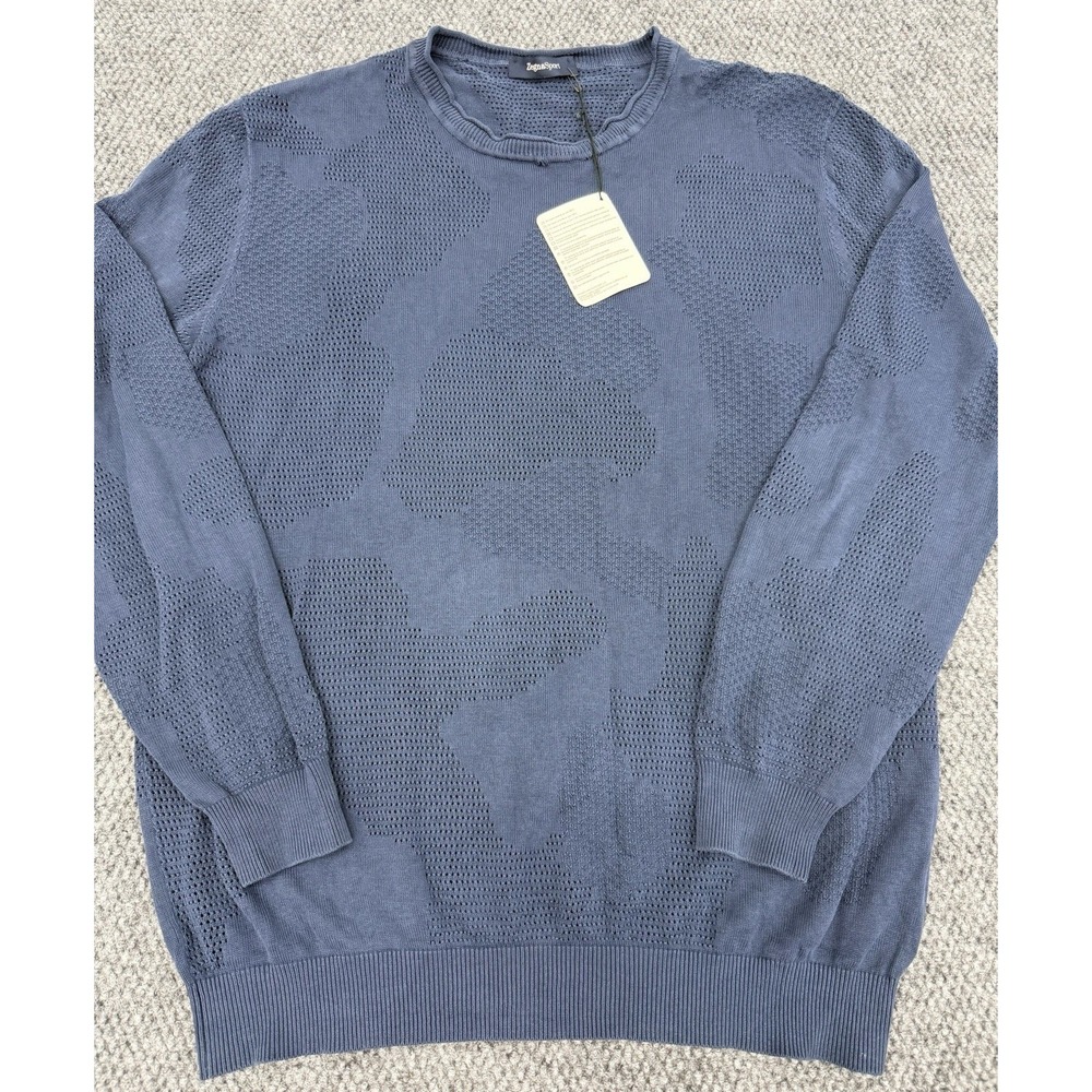 Zegna Sport Men's XL Blue Mesh Knit Camo Pullover Crewneck Sweater Shirt Italy